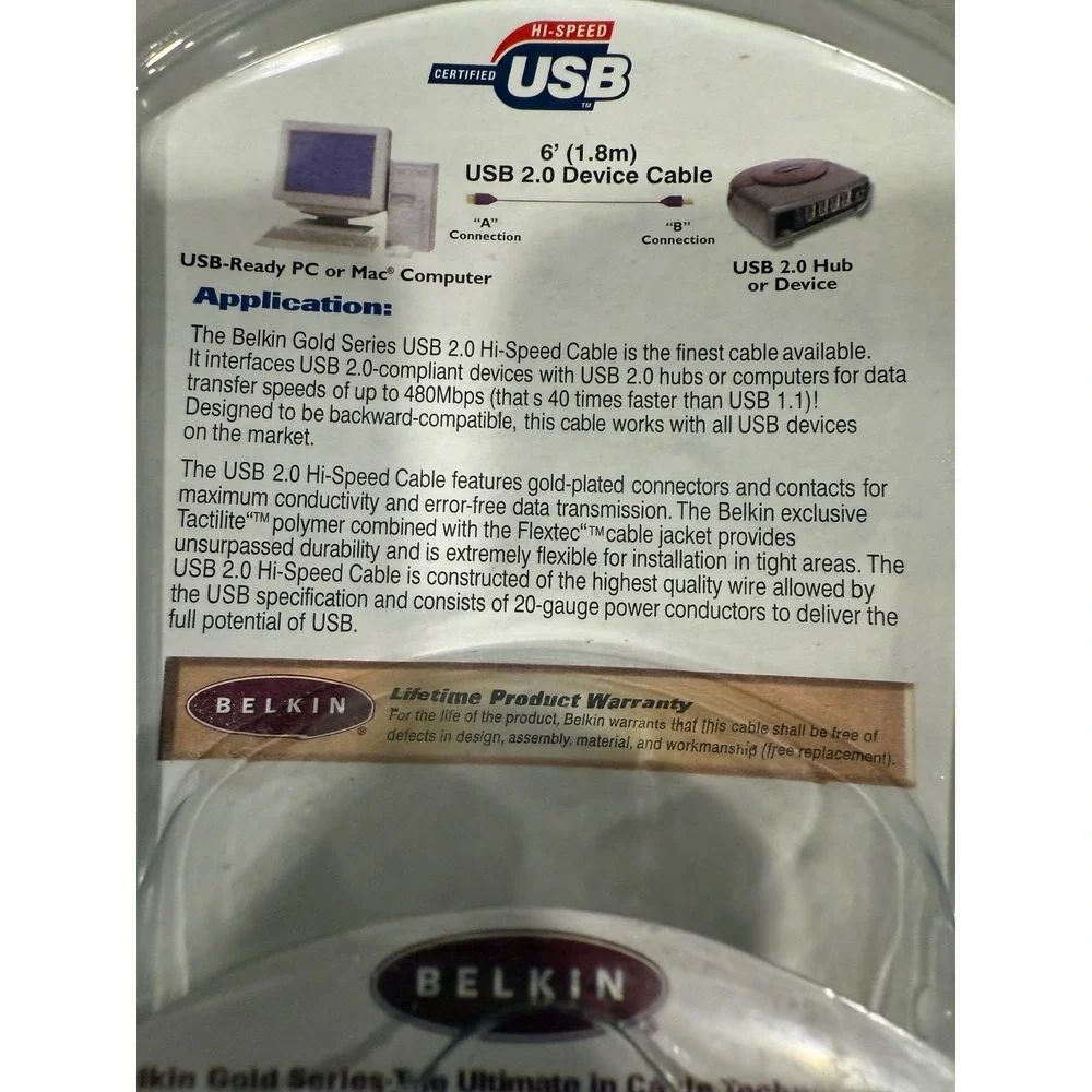 Belkin Gold Series USB 2.0 Hi-Speed Cable 6ft 1.8m 24 k Gold Plate F3U133-06-GLD